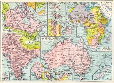 1914 年第一次世界大战爆发时的英国属地地图，来自大英帝国大学现代英语图解词典，pub.1914 作者 英语学校