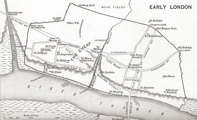 11世纪的伦敦地图，来自JR Green的“英国人的短暂历史”，1893年出版 作者 English School