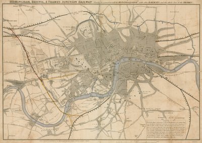 显示伯明翰，布里斯托尔，泰晤士连接点铁路的伦敦地图，1839年 作者 英语学校