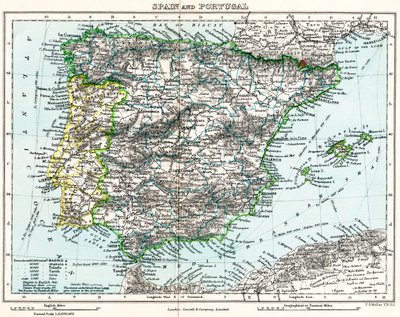 米尔纳地理图库中的西班牙和葡萄牙地图，约 1872 年（彩色石印版） 作者 英语学校