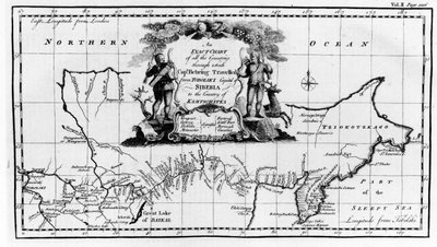 Vitus Bering（1681-1741）穿过西伯利亚到堪察加的路线地图，来自Navigantium atque Itinerantium Bibliotheca 1744年出版 作者 English School