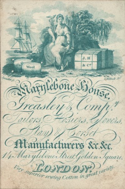 Marylebone House，Greasley＆Co，裁缝，袜子，手套，住宿和紧身胸衣制造商，14 Marylebone Street，Golden Square，贸易卡 作者 英语学校