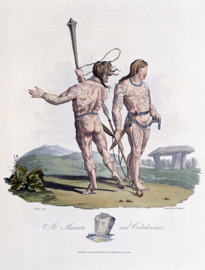 Maxata 和 Caledonian 与彩绘身体 - 在“”凯尔特人和哥特人，6 世纪早期不列颠群岛居民和波罗的海西海岸哥特民族的习俗””，由 S.R. 梅里克和 Ch。 史密斯 作者 英语学校