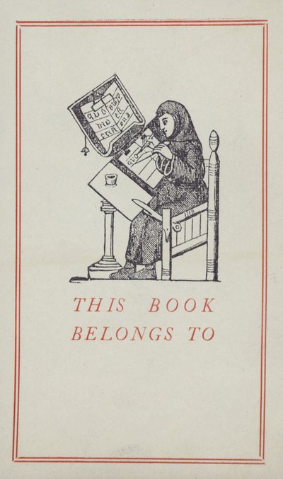 Medieval scribe working on a manuscript, book ownership label (colour litho) 作者 英语学校