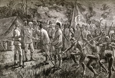 穆罕默德·艾明·帕夏和加埃塔诺·卡萨蒂于1889年（1890年）到达艾伯特湖的亨利·莫顿·斯坦利爵士的湖岸营地（木版画） 作者 英语学校