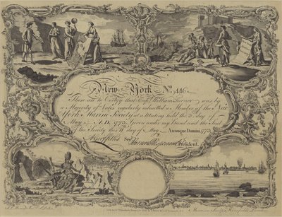 纽约海洋学会会员证书，1773年 作者 英语学校