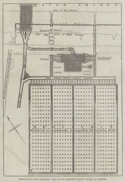 大都会主排水系统，Crossness 南部排污口工程平面图（版画） 作者 英语学校