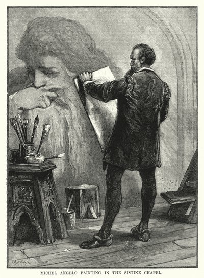 米歇尔-安杰洛在西斯廷教堂的绘画（雕刻）。 作者 英语学校
