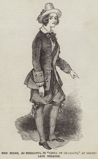 Miran 小姐，饰演 Pierrotto，在 Drury-Lane 剧院的“Linda of Chamouni”中（版画） 作者 英语学校