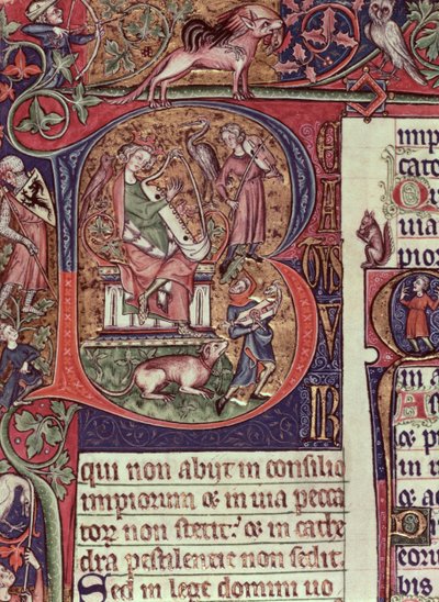 MMS 9961-2来自Peterborough Psalter的历史B，描绘了大卫王弹竖琴，英语，（c.1310-20） 作者 英语学校