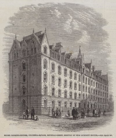 模型宿舍，哥伦比亚广场，贝斯纳尔格林，由 Burdett Coutts 小姐建造（雕刻） 作者 英语学校