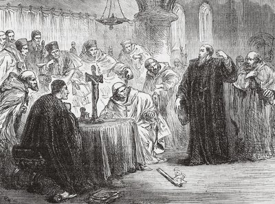 Mollio在宗教裁判所之前抛下他的火炬，由James Aitken Wylie（1808-1890），酒吧的新教历史插图。 1878年 作者 English School