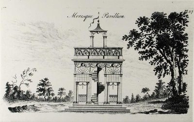 摩尔人亭，出自《怪诞建筑，或乡村娱乐》，作者威廉-赖特，1767年出版（雕刻）（黑白照片）。 作者 英语学校