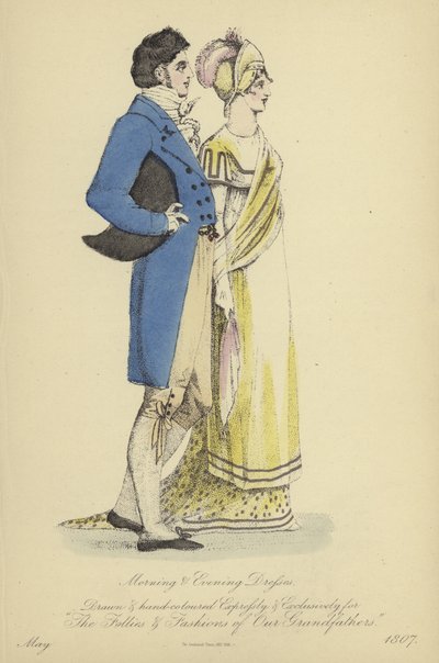 女士们和先生们的早晚礼服（彩色雕刻）。 作者 英语学校