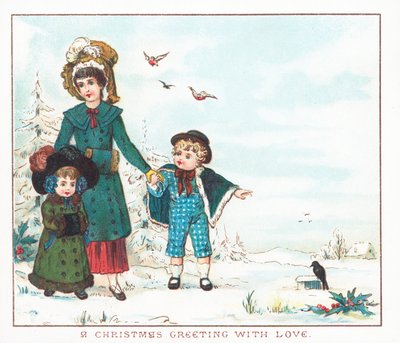 走在雪，圣诞卡的母亲和孩子 作者 英语学校
