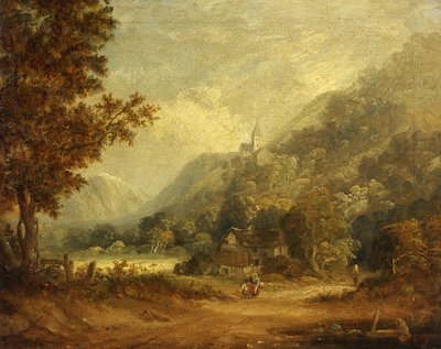 带教堂和农场的山景（布面油画） 作者 英语学校