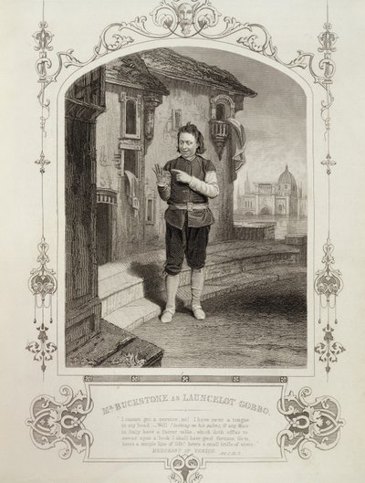 Buckstone先生作为Lancelot Gobbo，第二幕第2幕，威廉·莎士比亚在“威尼斯商人”（1564-1616） 作者 English School