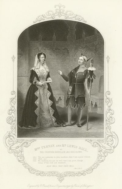 Ternan夫人和Lewis Ball先生作为Rousillon伯爵夫人和她的小丑，Alls Well结束了，第一幕，第三幕 作者 英语学校