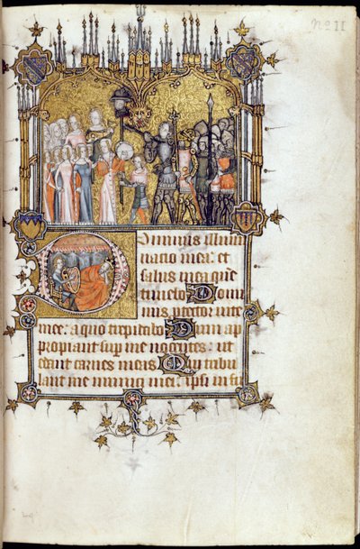 38-1950号女士，f.29r：大卫在Bohun Psalter的一支长矛上运载歌利亚的游行队长，c.1370 作者 英语学校