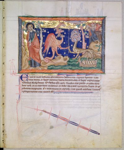 LA 139-Lisboa女士fol.34红龙从Gulbenkian启示录中将他的权力移交给海上的野兽，c.1265-70 作者 英语学校