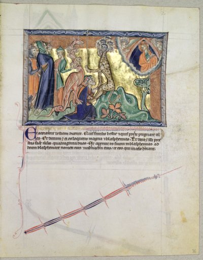 LA 139-Lisboa女士fol.36上帝看着人们在红龙的面前崇拜大海的野兽，来自古尔本基安启示录，c.1265-70 作者 英语学校