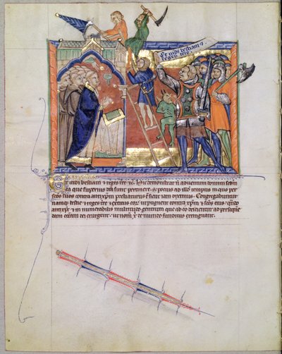 LA 139-Lisboa女士fol.66神圣的战士从Gulbenkian Apocalypse那里带领一支军队对抗那些攻击信徒的人，c.1265-70 作者 英语学校