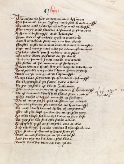 New Coll 314，f19r，Geoffrey Chaucer撰写的坎特伯雷故事集（牛皮纸笔墨水） 作者 英语学校