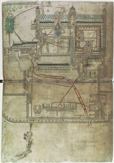 Ms R 171 f.285 坎特伯雷大教堂和管道系统的平面图，来自“Eadwine Psalter”，c.1150（牛皮纸） 作者 英语学校