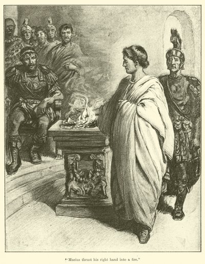 "Mucius将他的右手插入火中"（雕刻）。 作者 英语学校