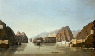 来自港口的马斯喀特，一艘英国护卫舰停泊，来自波斯湾地区十六景，中尉R. Temple，1813年出版（aquatint） 作者 英语学校