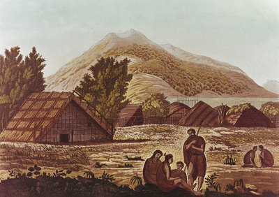 F. Fumagalli（彩色雕刻）雕刻的原住民，背后有小屋和山脉 作者 英语学校
