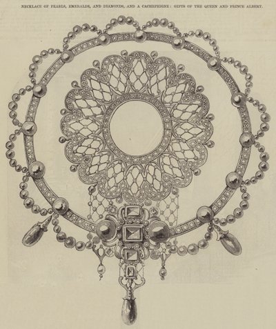 珍珠、祖母绿和钻石项链和 Cachepeigne，女王和阿尔伯特亲王的礼物（雕刻） 作者 英语学校