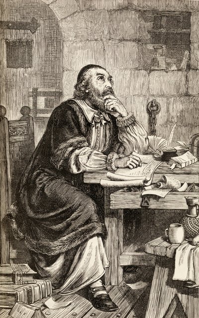 尼古拉斯·里德利在等待执行期间在狱中写信，1865年（木版画） 作者 英语学校