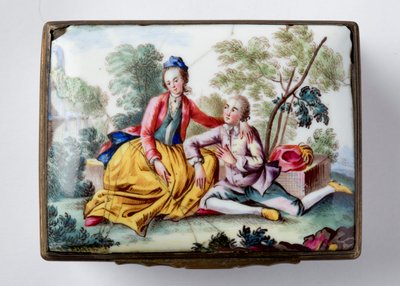 长方形盒子与爱人在盖子上的景观，并在形状的侧面（珐琅）上画花和昆虫 作者 英语学校