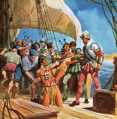 Redskin行动。 1605年，费迪南多·戈尔格斯爵士乘船前往美国并绑架了五名印第安人，以便首席大法官可以更多地了解美国本土人。 作者 英语学校