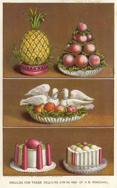 用于制作菠萝、桃子和两只鸽子形状的冰镇食品的装饰模子（chromolitho）。 作者 英语学校