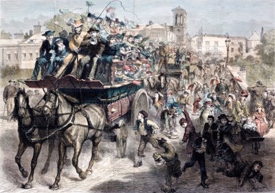 Packed coaches taking Londoners for a day out in the country in Victorian times (coloured engraving) 作者 英语学校
