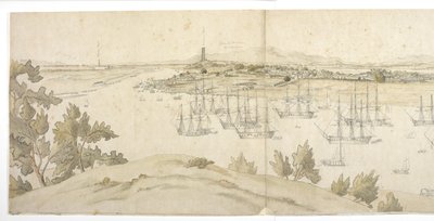 从丹岛俯瞰黄埔全景（左半部），锚地内有英国和美国的船只 作者 英语学校