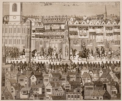 1647年爱德华六世加冕游行的一部分，经过16世纪的水彩画（棕褐色照片） 作者 英语学校