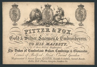 Pitter和Fox，金银Laceman和Embroiderers，贝德福德街，考文特花园，贸易卡 作者 英语学校