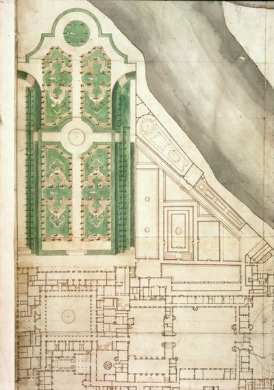 汉普顿宫及其花园的计划，第1714号（钢笔和墨水在纸上） 作者 英语学校