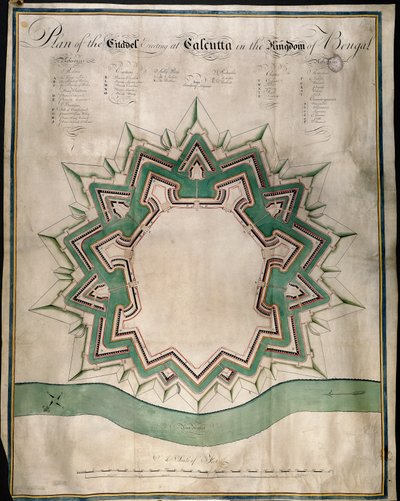 加尔各答城堡和威廉堡（东印度公司的防御仓库）平面图，约 1750 年（纸上钢笔、墨水和水彩画 作者 英语学校
