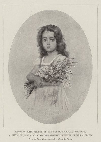 女王委托安吉丽·加斯托 (Angele Gastaud) 的肖像，她是尼科瓦斯小女孩，女王在开车时观察到的（石版画） 作者 英语学校