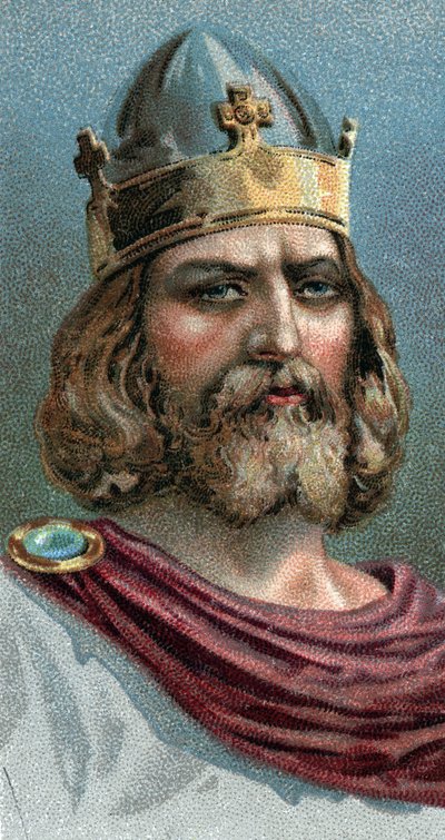 阿尔弗雷德大帝（Alfred the Great，849-899）肖像，威塞克斯国王，公元800年--来自 "人类领袖 "系列--彩色石版画--英国学校，20世纪--。 作者 英语学校