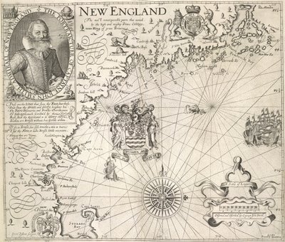 约翰-史密斯船长肖像。约翰-史密斯的《新英格兰描述：或观察......》中的新英格兰海岸图 作者 英语学校