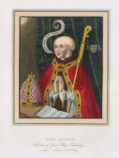 John Alcock（约1430-1500）的肖像，剑桥耶稣学院的创始人，来自剑桥历史，酒吧。作者：R. Ackermann，1815年（彩色aquatint） 作者 英语学校