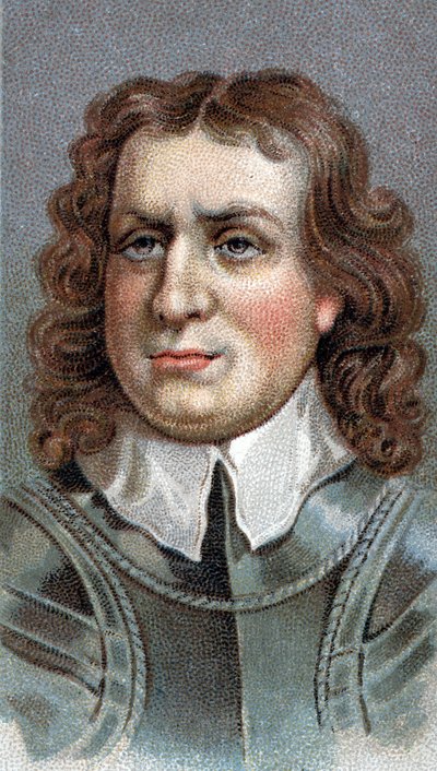 奥利弗-克伦威尔（1599-1658）的肖像。英国军事家和政治家--奥利弗-克伦威尔（1599-1658）--来自 "人的领袖 "系列--色版画--英国学校，20世纪--。 作者 英语学校