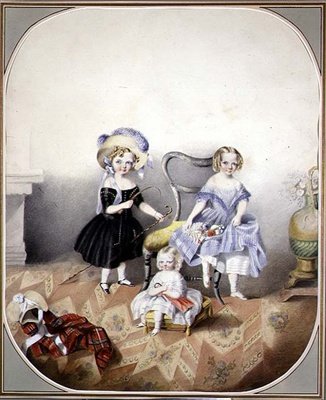 三位身着奇装异服的蓝眼睛女孩的肖像，约1840年（纸上水彩画） 作者 英语学校