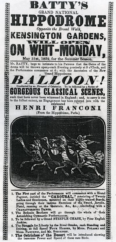 海报广告&39;Batty&39;s Grand National Hippodrome&39;，1852年（印刷纸） 作者 英语学校