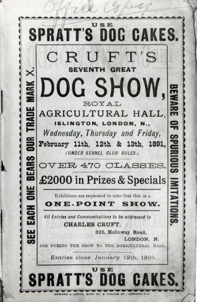 海报广告Cruft&39;s Dog Show于1891年在伦敦伊斯灵顿的皇家农业大厅举行 作者 英语学校